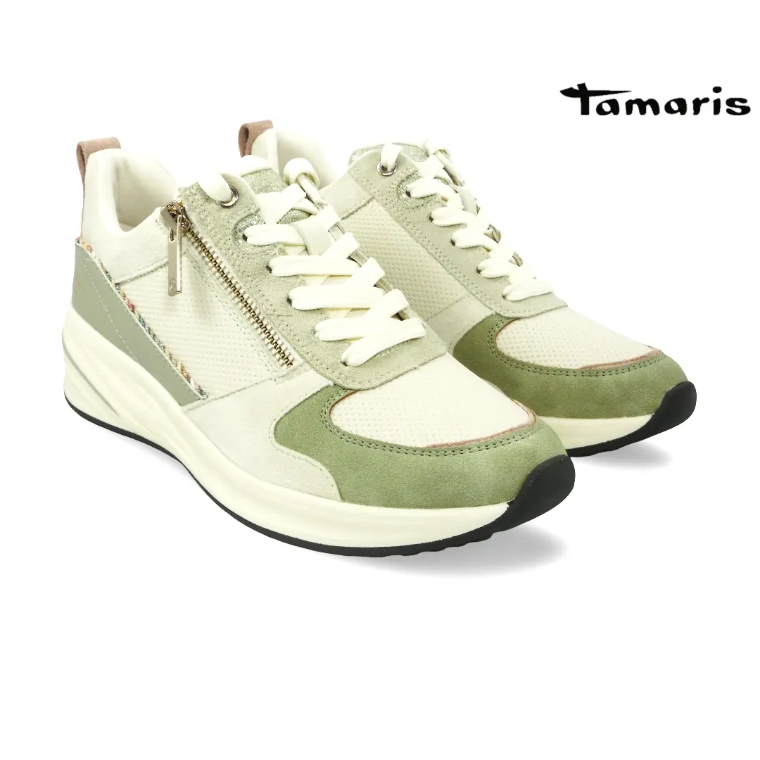 Tamaris kakigroene dames sneaker met rits, veters en sportieve zool.