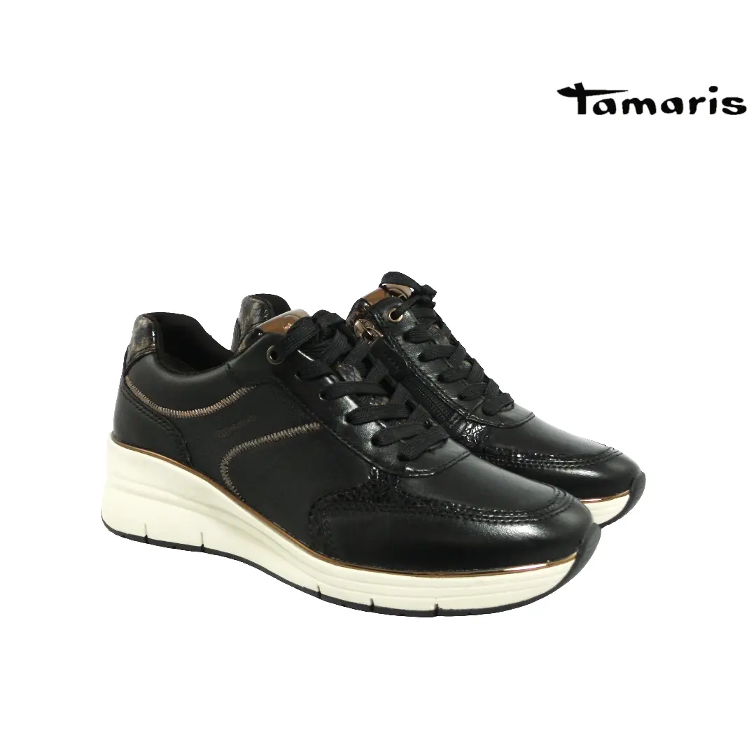 Tamaris Pure Relax damessneaker 23764 in black combi met veters, rits en comfortabele plateauzool – stijlvol en geschikt voor steunzolen.