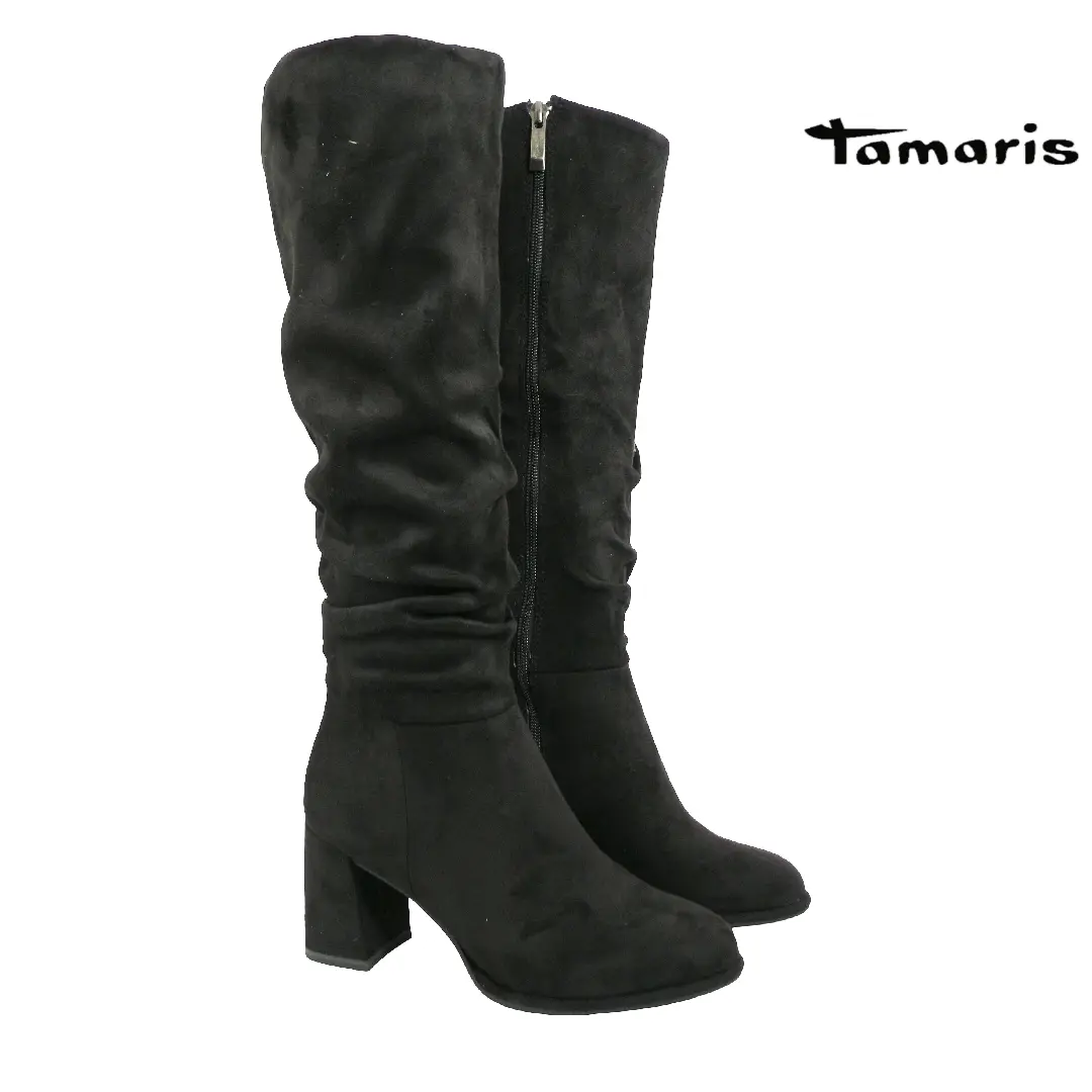 Zwarte Tamaris hoge laarzen van suède-look met blokhak en elegante plooischacht.