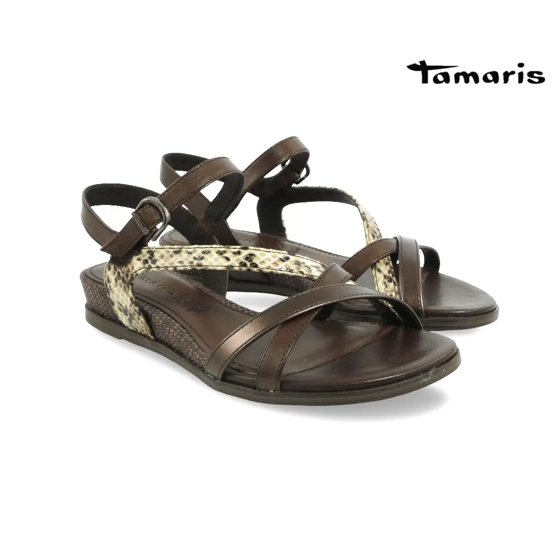 Tamaris dames sandalen mocca met leren banden en animal print detail model 28146