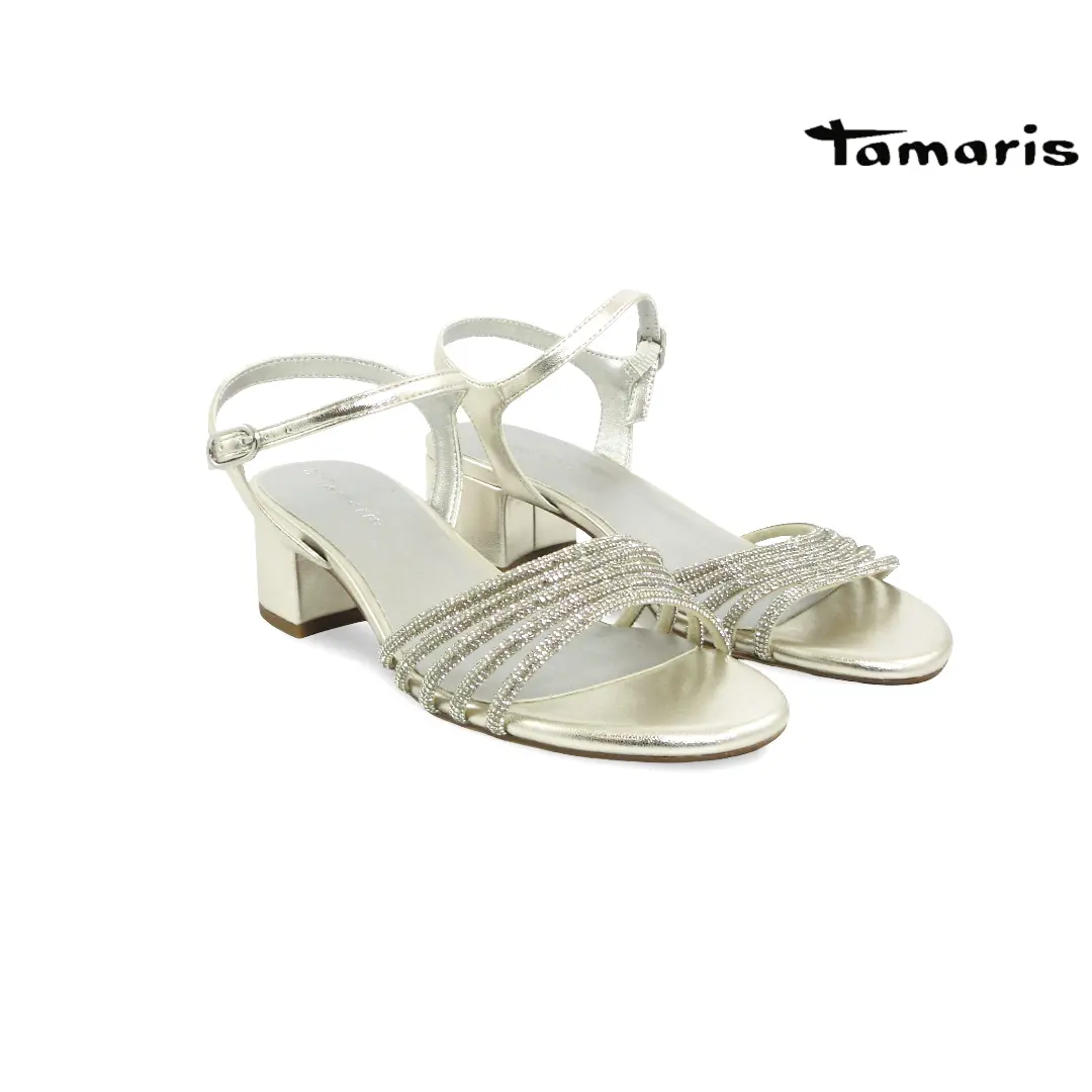Tamaris dames sandalen platinum met glinsterende bandjes en blokhak model 28248