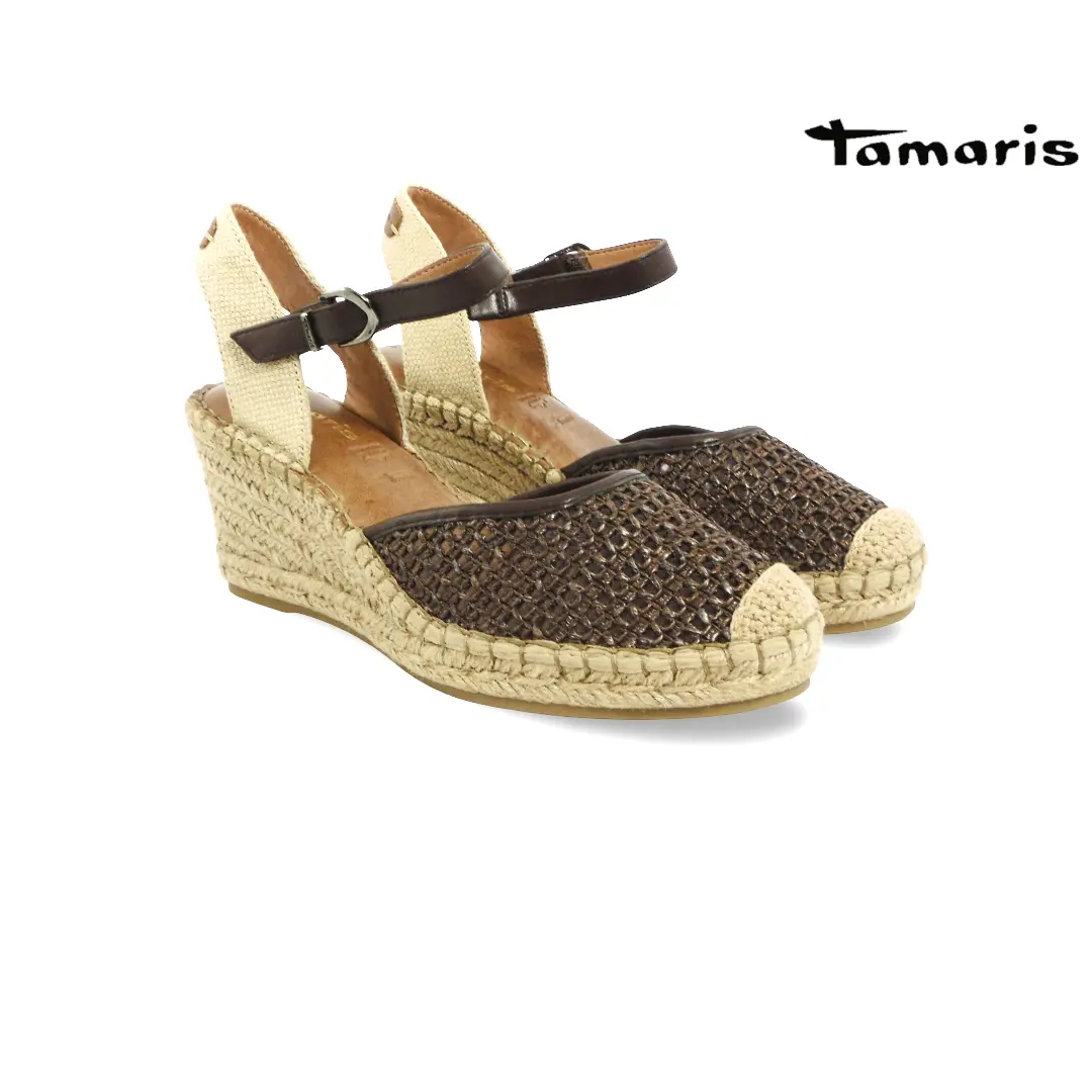 Tamaris espadrille sleehak sandalen mocca dames met enkelbandje en gevlochten zool