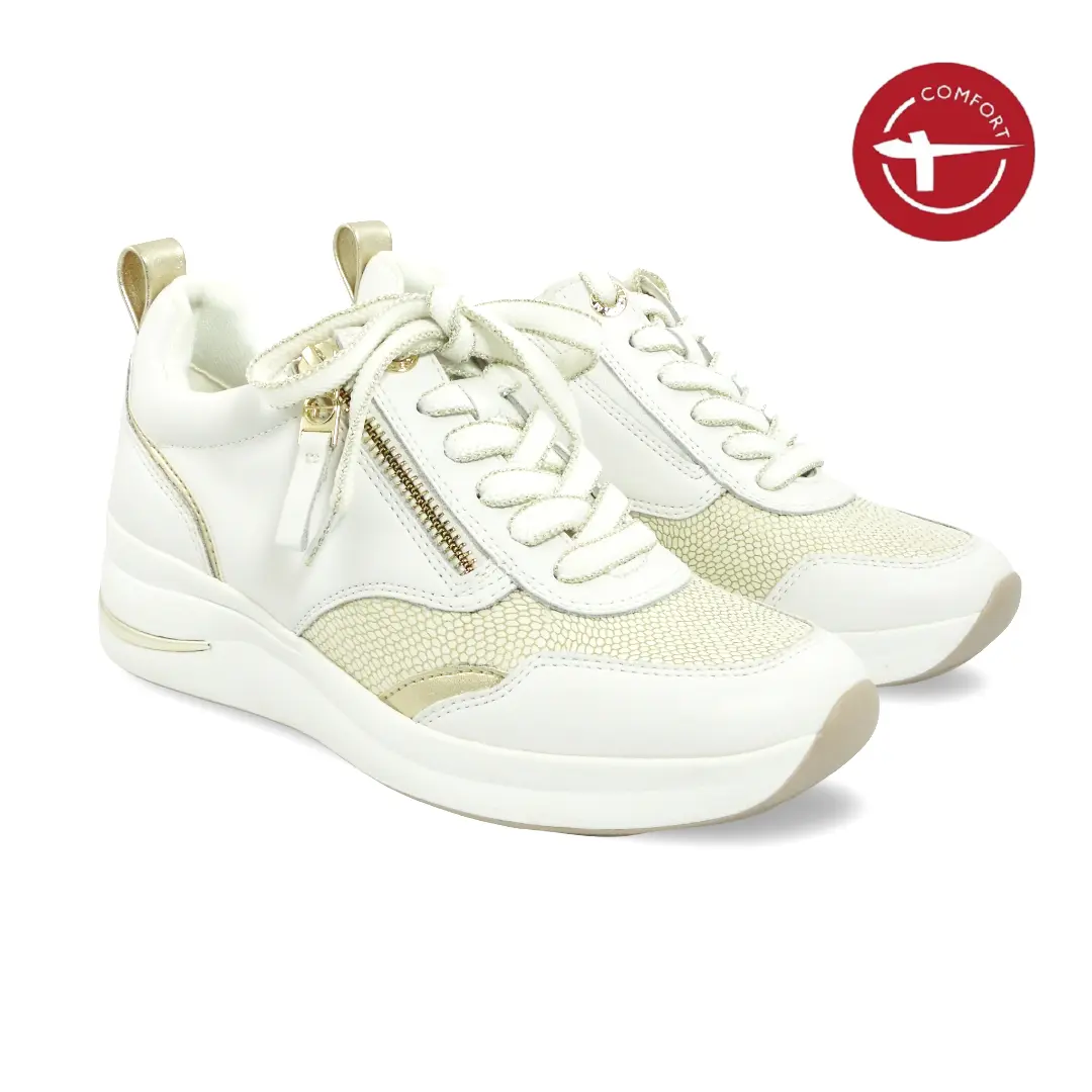 Tamaris Comfort 83714 dames sneaker in wit met goudaccenten en zijrits.